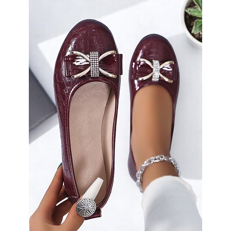 Women's Patent Leather Bow Flats with Rhinestone Detail – Classic Slip-On Flats for Adult Women, Perfect for Office Wear, Daily Errands, Dinner Dates & Holiday Gatherings3