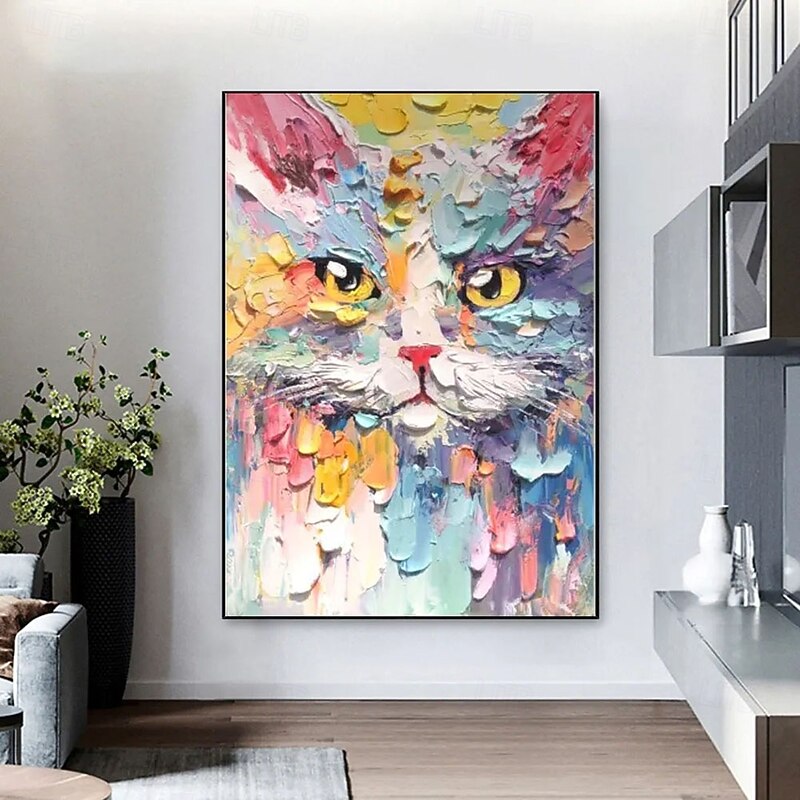 Hand-Painted Whimsical Cat Oil Painting - Vibrant Textured Portrait with Sapphire  Animal oil paintings  Boho Wall Art oil paintings for Living Room bedroom wall Decoration2