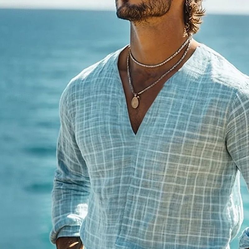 Men's Shirt Linen Shirt Popover Shirt Summer Shirt Beach Wear Plaid Vacation Street Blue Long Sleeve V Neck Summer Spring Clothing Apparel2