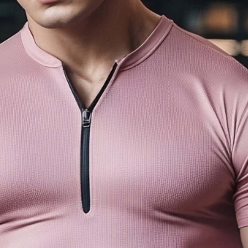 Men's T Shirt Tee Top Short Sleeve Short Sleeves Zip Summer Solid Color Plain Fashion Designer Sporty Zipper Athletic Casual Going out Pink Top Tee for Men2