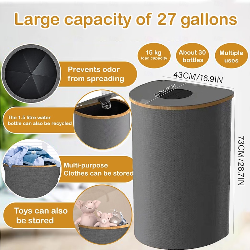 Recycling Bin for Kitchen Indoor Home, 100L D-Shaped Foldable Trash Can with Bamboo Frame, Oxford Fabric, Removable Polyester Inner Bags, 5 Rod Support, Ideal Waste Sorter for Bedroom Dorm Hotel4