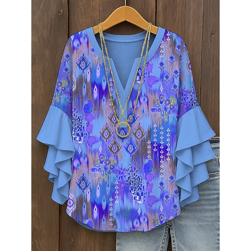 Women's Retro Blouse Layered Ruffle Sleeve Tops Vintage Graphic Geometric Bohemia Vintage Daily 3/4 Length Sleeve Regular Tops Daily Holiday Vacation Wear Print Yellow Pink Blue Purple Green4