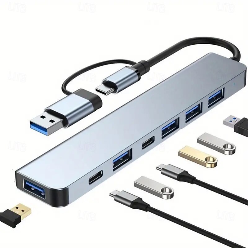 7-in-1 Multiport Adapter USB C + USB 3.0 Hub Splitter with Type-C PD, 5 USB Ports, OTG Compatible, for MacBook, PC, Tablet, PS43