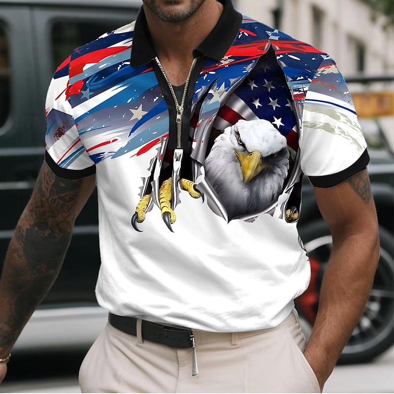 Independence Day Men's American US Flag Eagle Zip Polo Short Sleeve Polo Shirts Turndown Casual Daily Casual Zip Up 3D Print Summer Blue