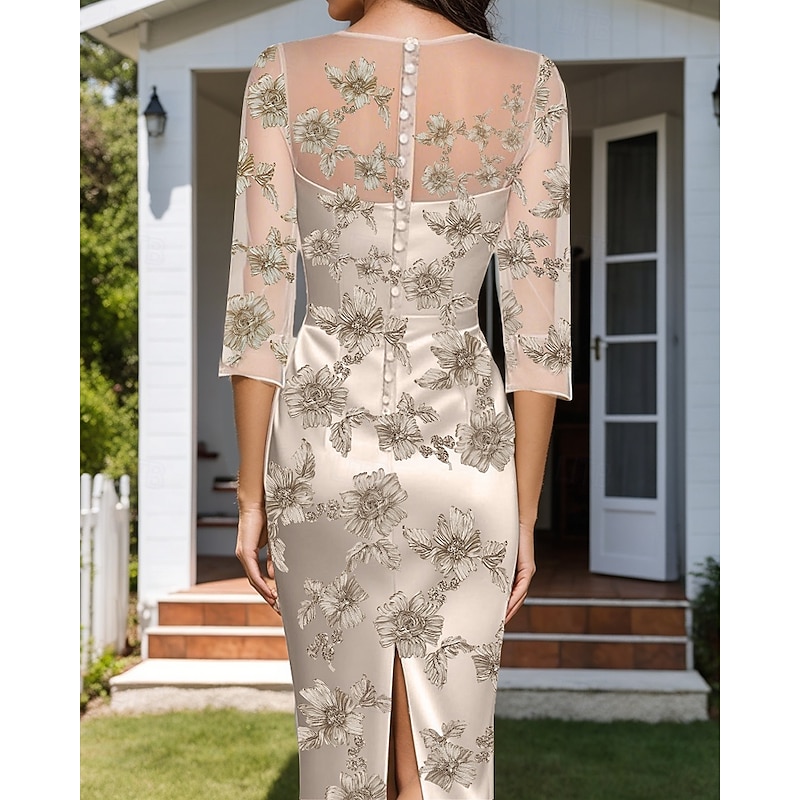 Two Piece Floral Embroidered Lace Mother of the Bride Dress Elegant Simple Luxurious Crew Neck Tea Length Satin Half Sleeve with Chiffon Jacket3