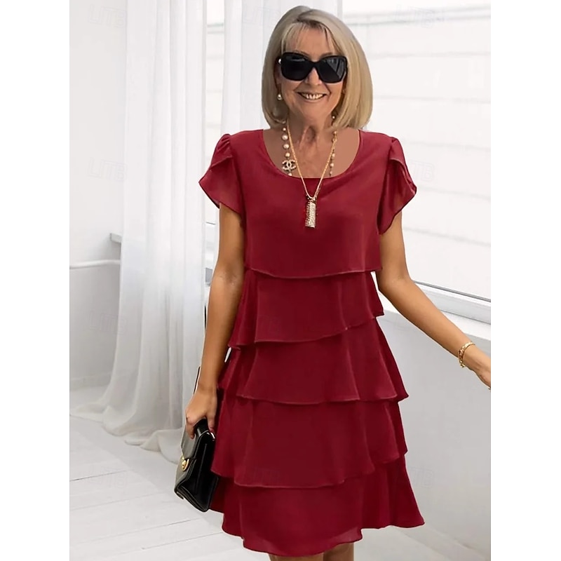 Women's Mini Dress Cocktail Dress Wedding Guest Dress Chiffon Dress Tiered Dress Elegant Evening Party Date Going out Regular Fit Pure Color Short Sleeve Crew Neck Black Pink Wine Red Fall2