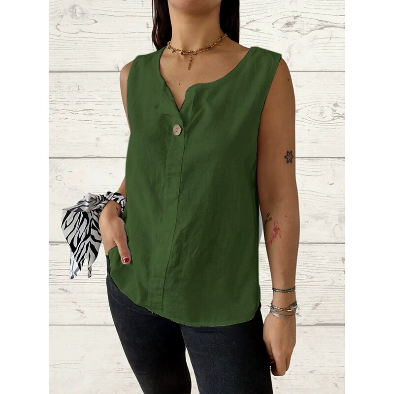 Women's Camisole Tank Top Solid Color Plain Basic Sleeveless V Neck Regular Tops Holiday Buttons White Army Green Red Beige Summer Spring4