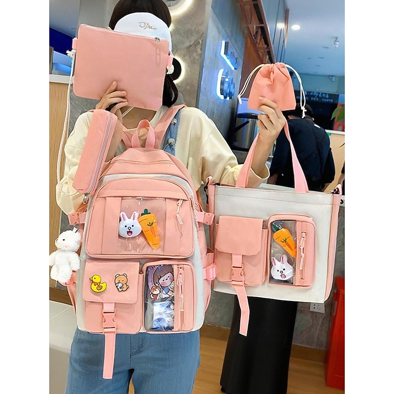 Women's 6-Piece Cute Kawaii Backpack Set with Clear Front Pockets, Cartoon Pins and Plush Charms, Lightweight Nylon School Bag for Teen Girls Campus Travel Daily Use2