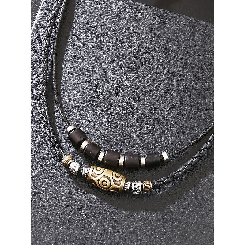 Men's Braided Leather Pendant Necklace Set – Boho Tribal Style with Alloy & Wooden Beads for Casual Wear, Festivals & Travel4