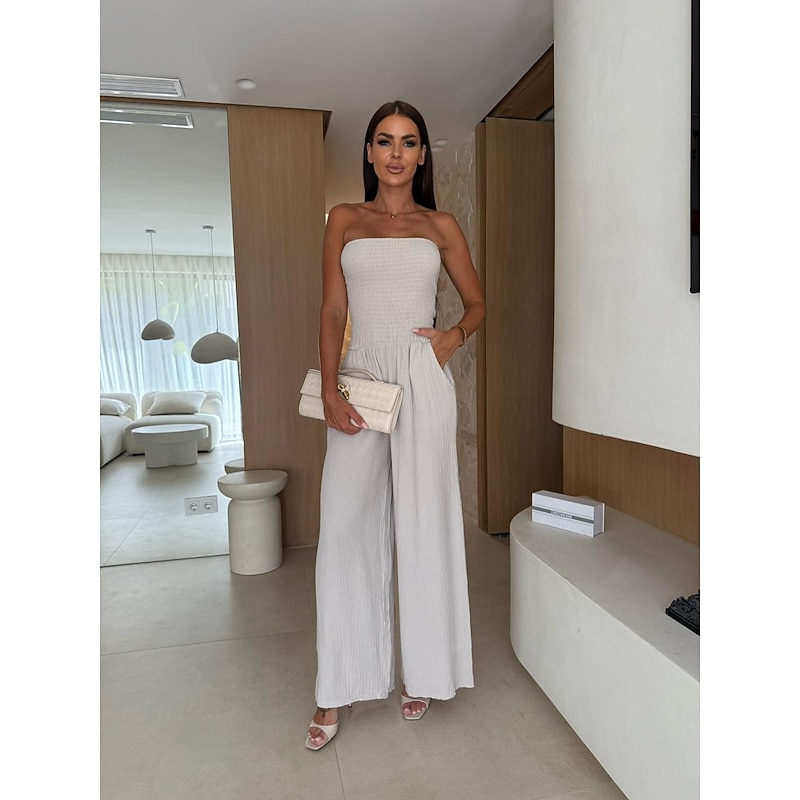 Women's Jumpsuit Ordinary Solid Color Sleeveless Sleeveless Wide Leg Strapless Backless Pocket Daily Regular Fit Black White Green Summer