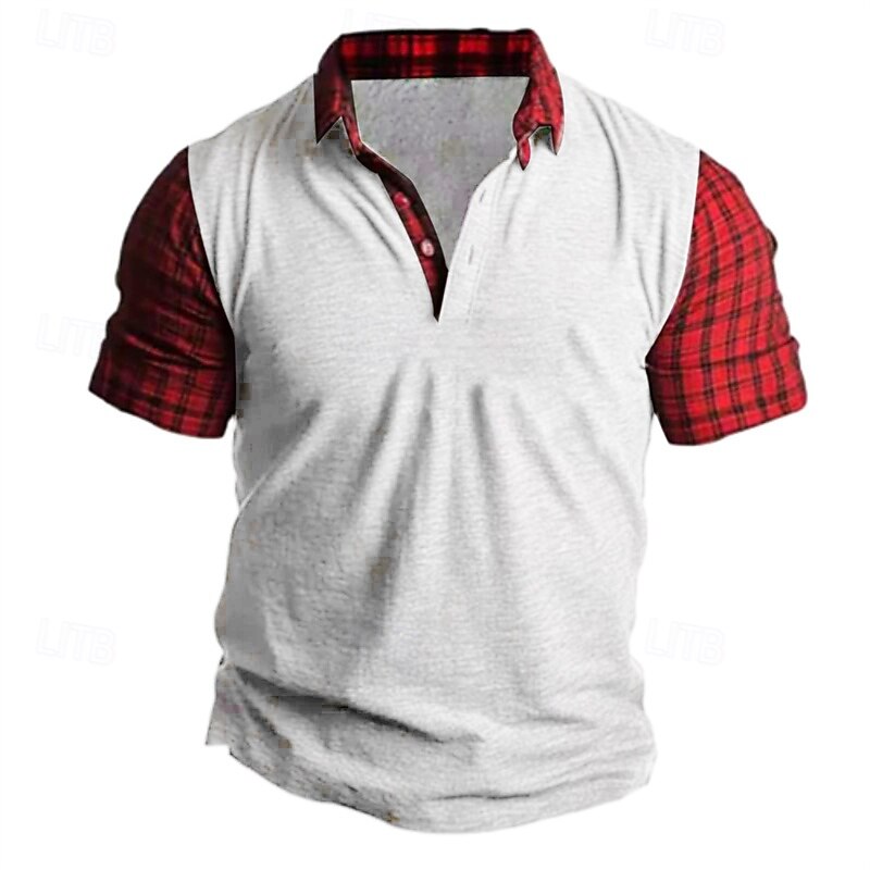 Men's T Shirt Henley Shirt Tee Short Sleeve Shirt Short Sleeve Henley Summer Plaid Fashion Designer Basic Patchwork Vacation Street Going out Red Blue Green Top Tee for Men3