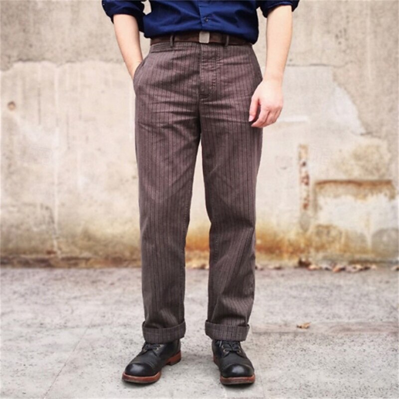 Men's Dress Pants Trousers Chinos Buttons Pocket Striped Comfort Formal Party Work Fashion Classic Style Brown Micro-elastic3