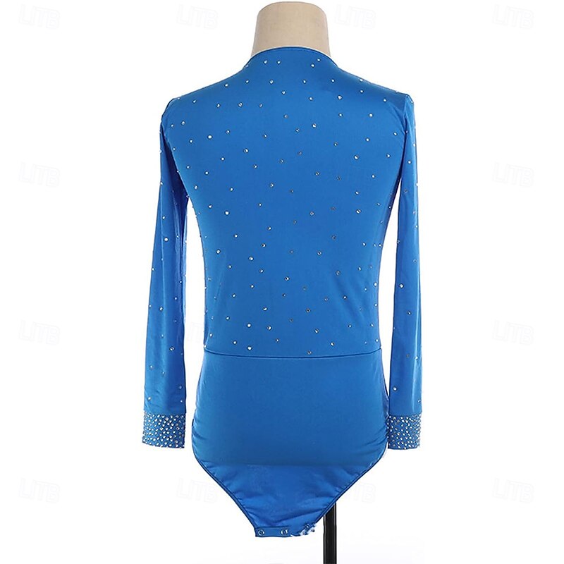 Figure Skating Clothing for Boys And Mens Classic Crew Neck Shiny Rhinestones Figure Skating Performance Competition Gymnastics Costume Kids Adults Long Sleeve Leotard Costume3
