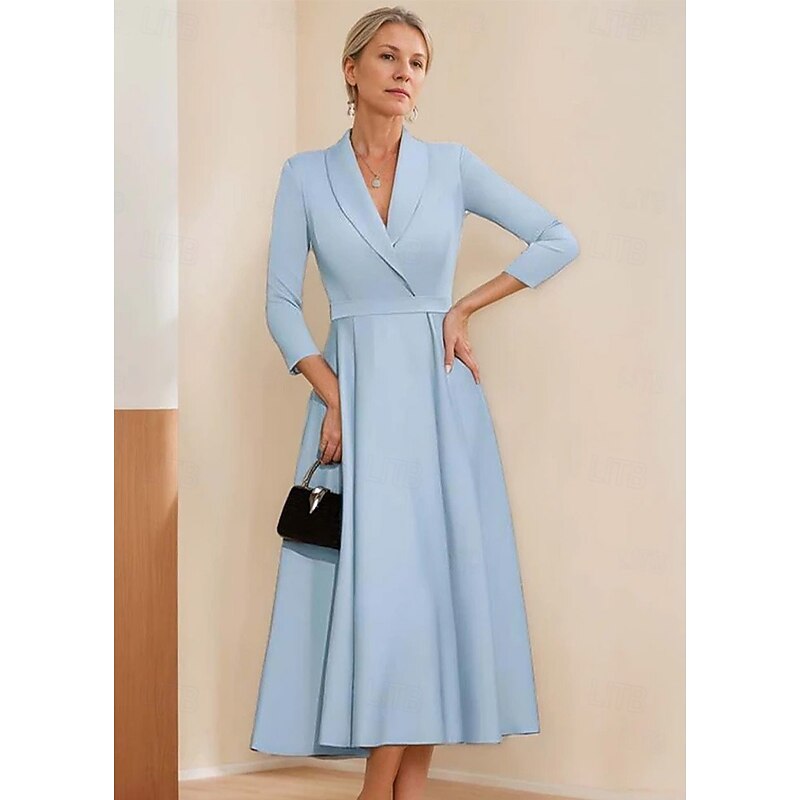 Tuxedo Dress A-Line Formal Satin Elegant Simple 3/4 Sleeve Pleated Tea Length Shawl Lapel