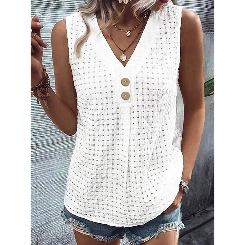 Women's Blouse Solid Color Elegant Vintage Tropical Sleeveless V Neck Regular Tops Daily Holiday Buttons Black White Light Green Pink Light Blue Summer Spring