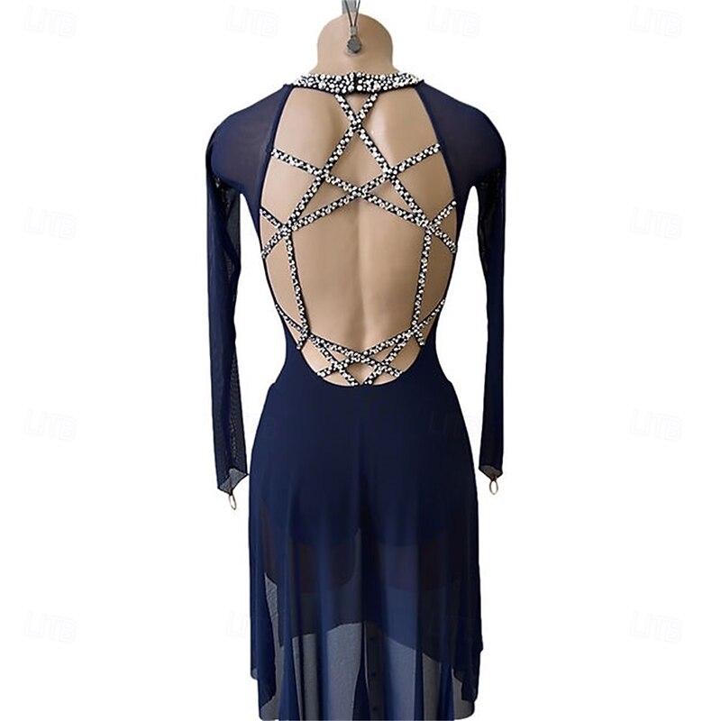 Figure Skating Dress Women's Girls' Ice Skating Dress Pink Dark Navy Open Back Asymmetric Hem Mesh High Elasticity Training Competition Skating Wear Classic Crystal / Rhinestone Long Sleeve Ice3