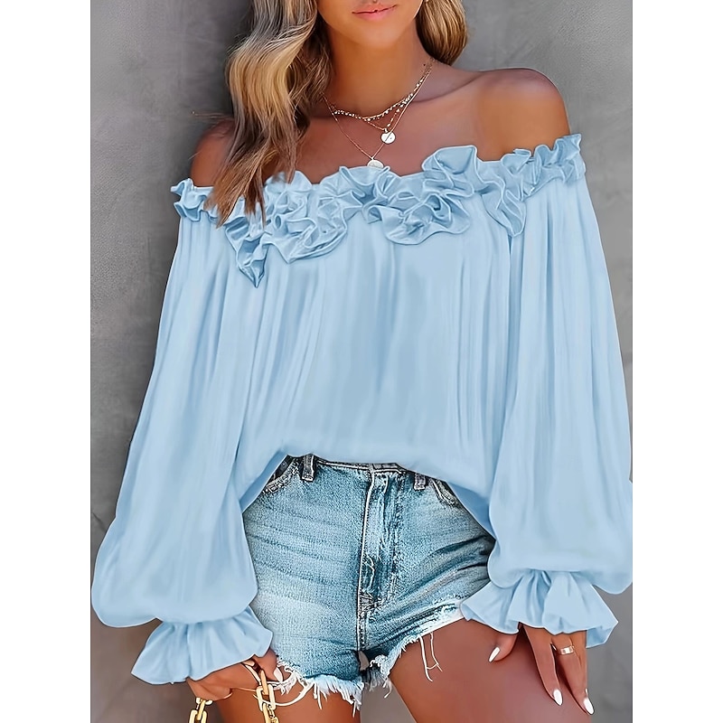 Women's Summer Tops Plain Casual Long Sleeve Puff Sleeve Off Shoulder Regular Tops Daily Black White Pink Blue Summer