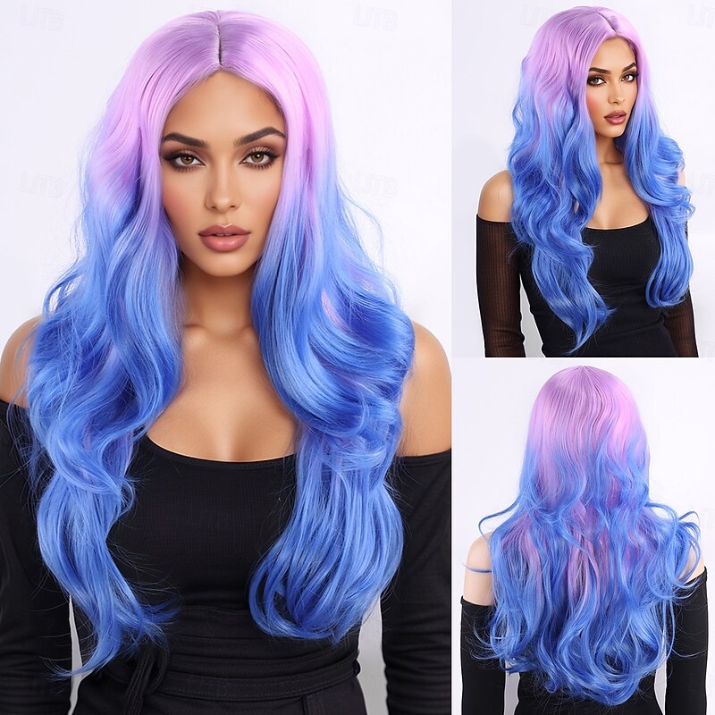 Synthetic Wig Wavy Deep Wave Layered Haircut With Bangs Machine Made Wig 24 inch A1 Synthetic Hair Women's Middle Part Classic Color Gradient Multi-color