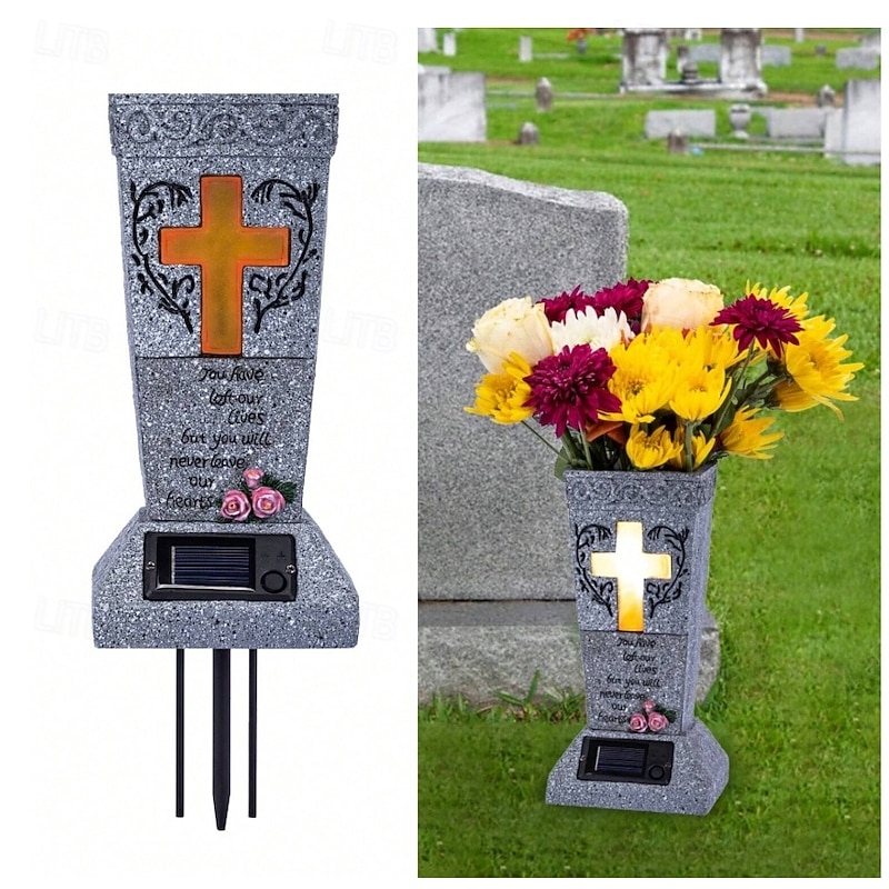 Solar Cemetery Grave Vase With LED For Fresh/Artificial Flowers Headstones Vases With Spikes Gravestone Decor Memorial Gifts For Loss Of Loved One4