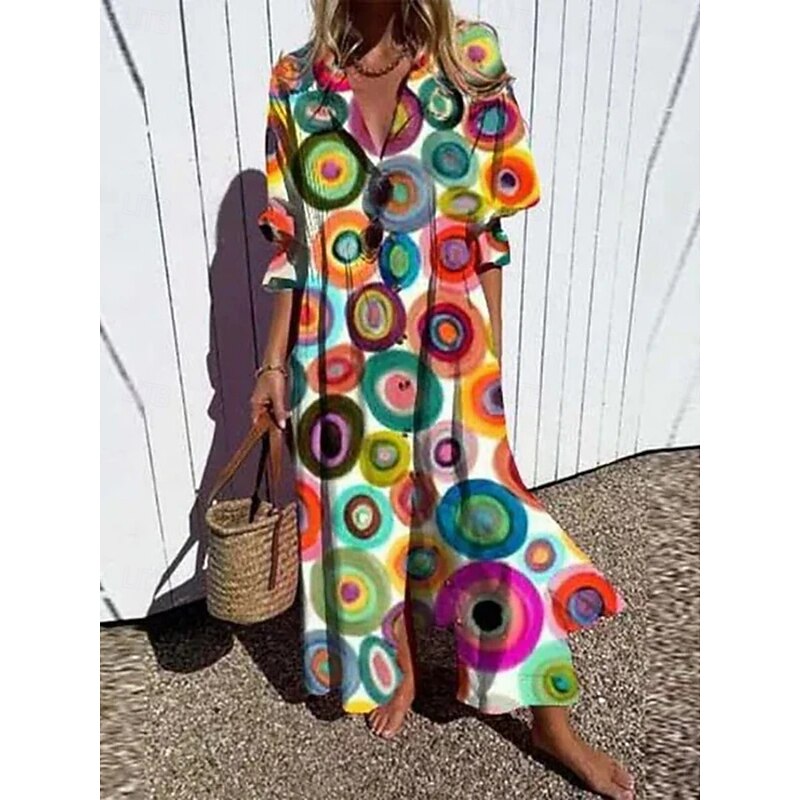 Women's Maxi Dress A Line Dress Casual Outdoor Going out Regular Fit Floral Long Sleeve V Neck White Blue Orange Green Summer Spring2