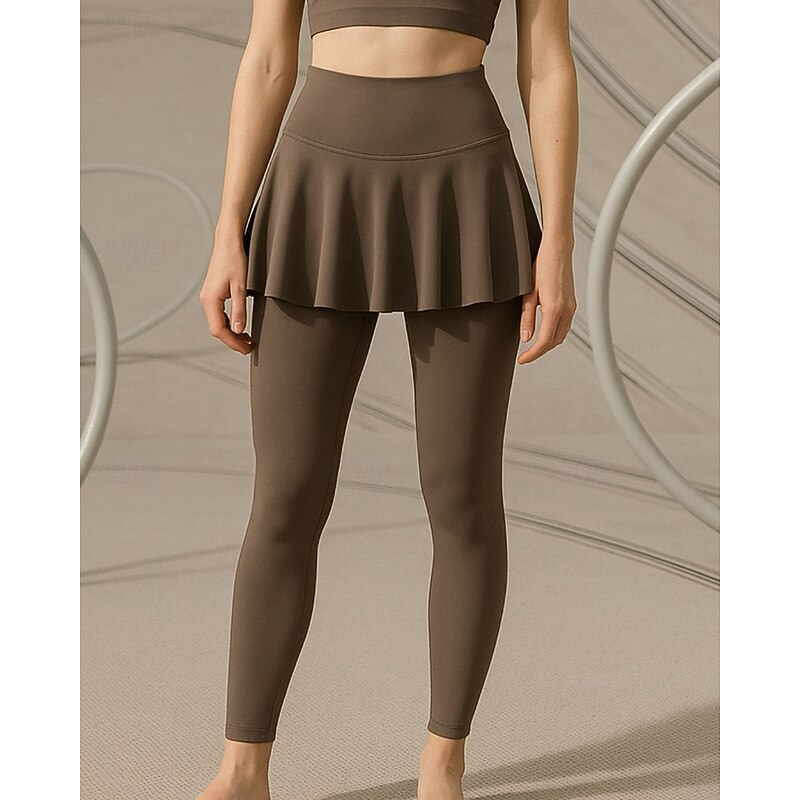 Women's Yoga Pants Yoga Leggings Pleated 2 in 1 Pilates Fitness Yoga Pants Solid Color Black Brown Sports Activewear Micro-elastic2