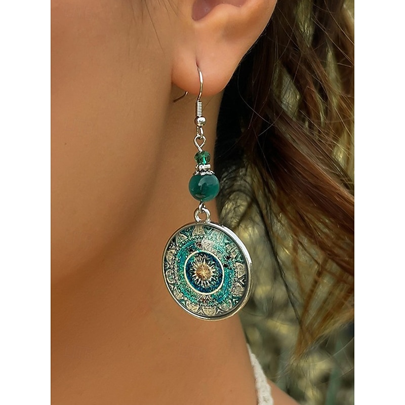 Women's Boho Mandala Dangle Earrings – Vintage Glass Dome with Green Beads, Artistic Ethnic Jewelry for Festivals, Travel and Everyday Wear3