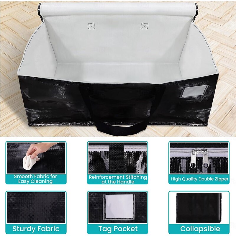 2 Pack Moving Bags with Handles,Extra Large Heavy Duty Foldable Woven Storage Totes for Clothes, Bedding, Travel, Car Trunk, Black Zippered Organizer Bags3