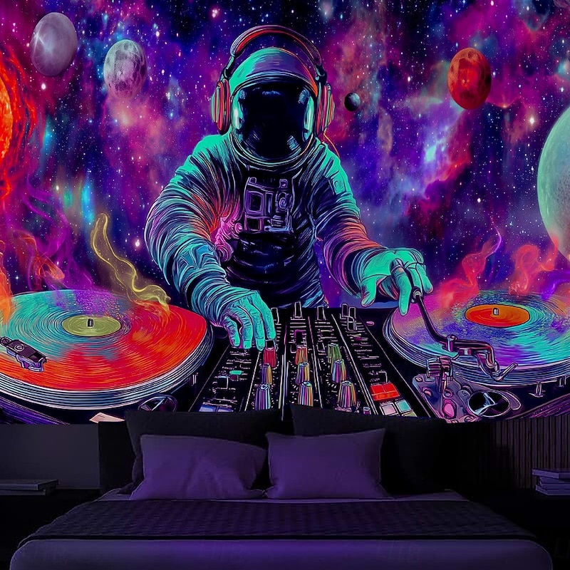 Blacklight Tapestry Glow in the Dark Glow Party UV Reactive Astronaut Guitar Trippy Misty Nature Landscape Hanging Tapestry Wall Art Mural for Living Room Bedroom4