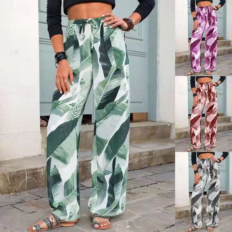 Women's Slacks Pants Trousers Fashion Boho Full Length Natural Leaf Print Elastic Drawstring Design Comfy Outdoor Comfortable Outdoor Holiday Casual Daily Grey Pink Purple Green Summer Regular Fit