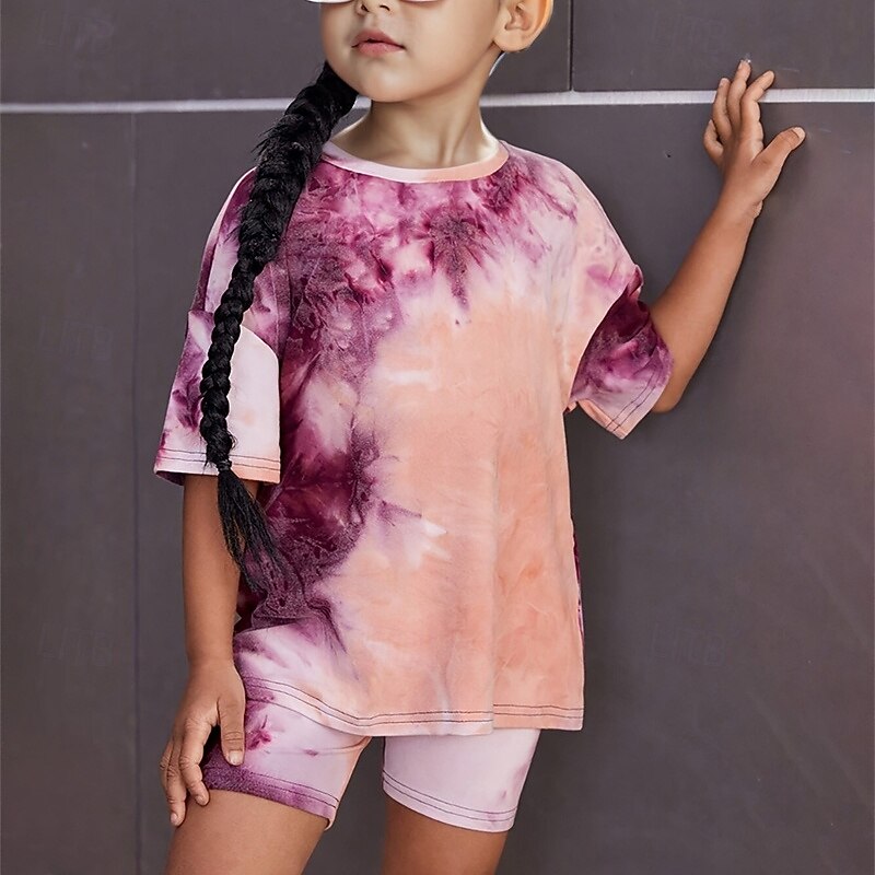 2 Pieces Kids Girls' Tie Dye Crewneck T-shirt & Shorts Set Short Sleeve Fashion Outdoor 4 years+ Summer Purple3