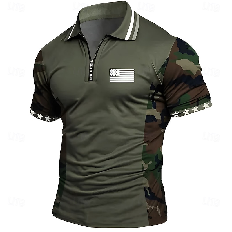 Independence Day Men's Male American US Flag Zip Polo Short Sleeve Turndown Casual Daily Outdoor Athleisure Casual Daily Zipper Summer Army Green