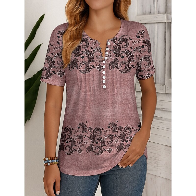 Women's T Shirt Floral Graphic Plants Vintage Stylish Classic Short Sleeve Round Neck Regular Tops Daily Weekend Beach Wear Smocked Buttons Print Red Purple Green Gray Summer Spring4