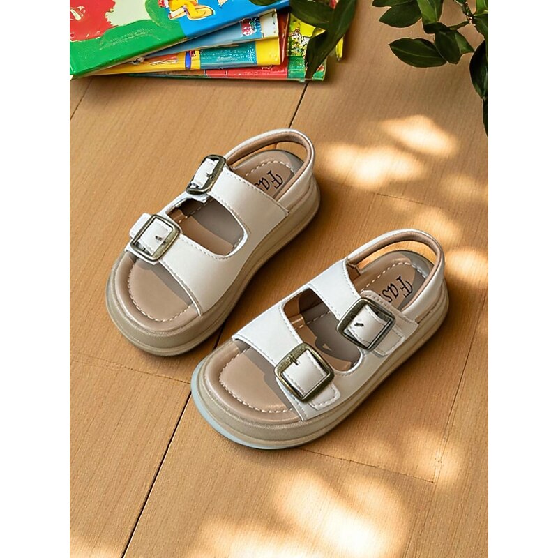 Girls' Beige Double Buckle School Sandals – Comfortable Slip-Resistant Shoes for Back to School and Everyday Use