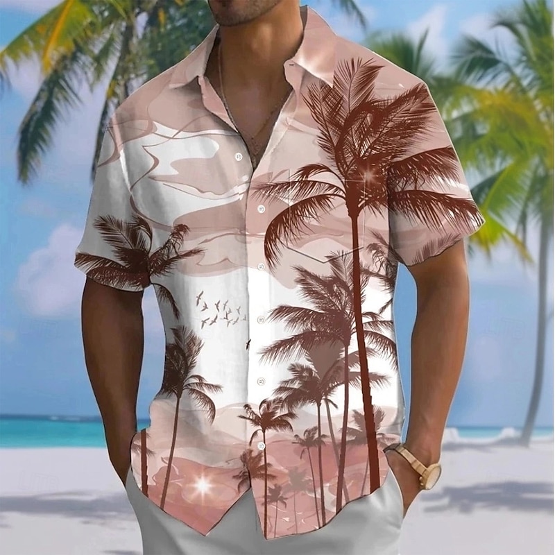Men's Coconut Tree Tropical Plants Summer Hawaiian Shirt Button Up Shirt Aloha Shirt Short Sleeve Hawaiian Holiday Beach Wear Summer Spring Turndown 3D Print Collared Shirts Front One Pocket Brown