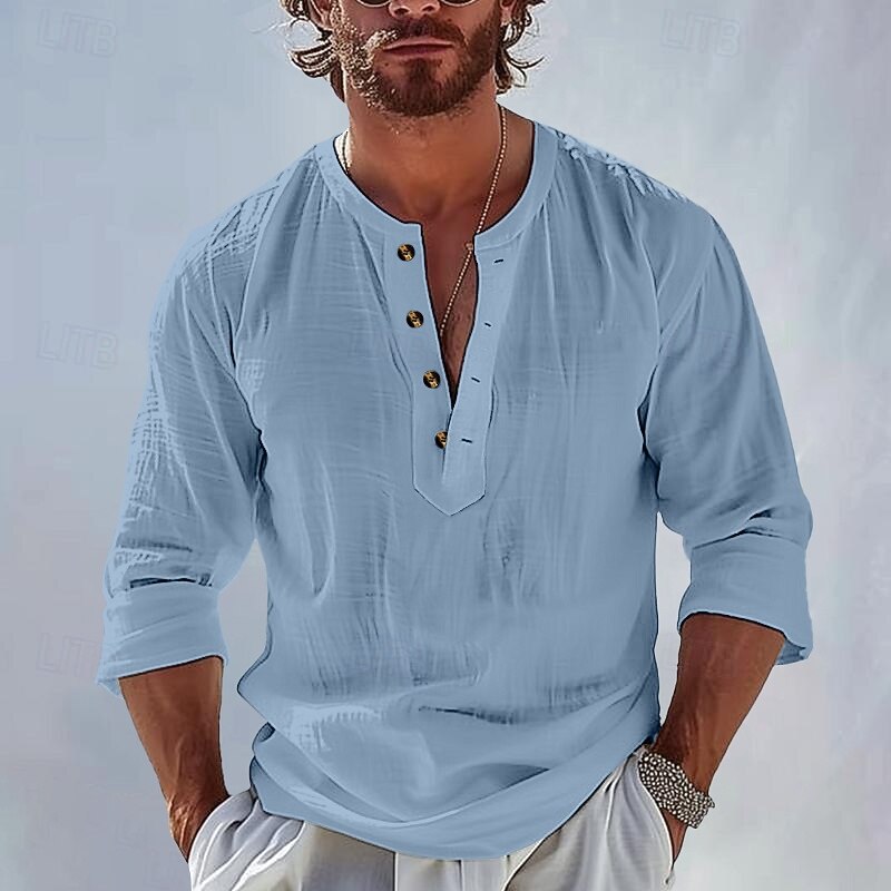 Men's Shirt Popover Shirt Summer Shirt Beach Wear Plain Vacation Casual Black White Sky Blue Apricot Long Sleeve Band Collar Spring & Summer Clothing Apparel3