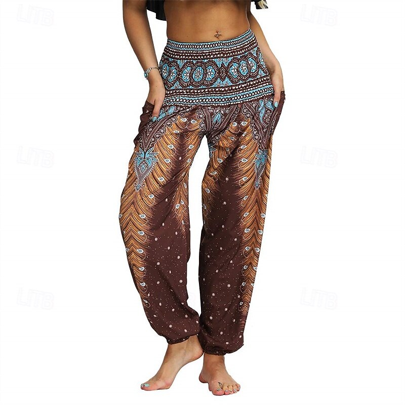Retro Vintage Boho 1970s Harem pants Yoga Pants Hippie Smocked Waist Peacock Feathers Fancy Dress Women's Halloween Carnival Beach Vacation Wear Retro Theme Party Festival Adults' Pants - Main Image
