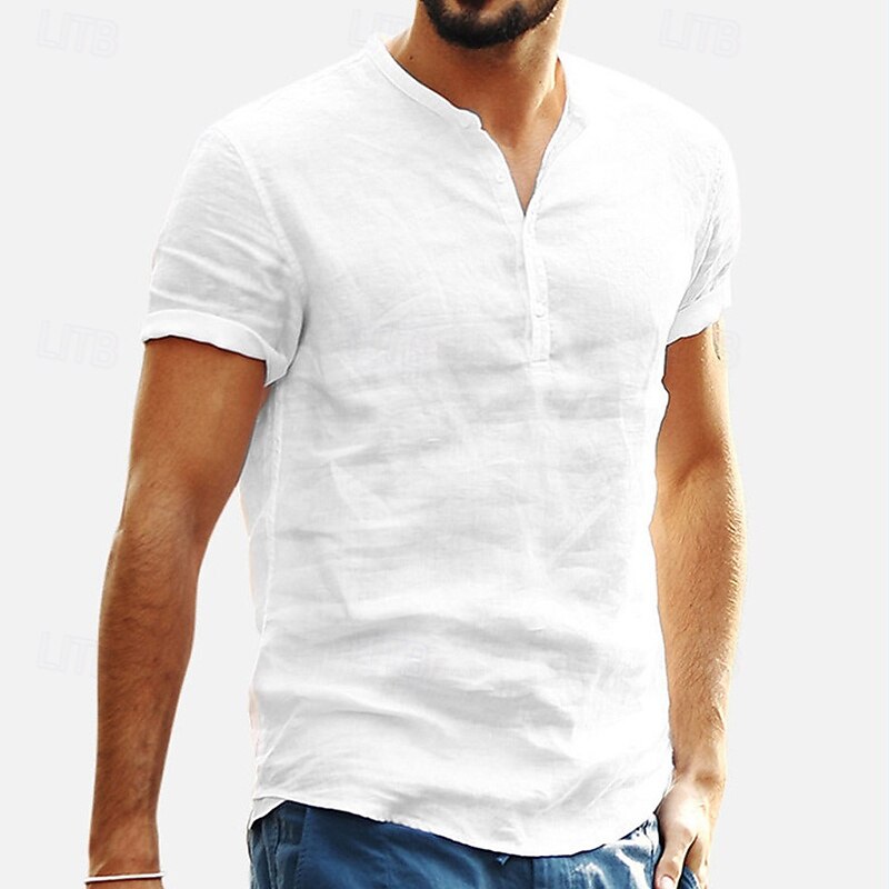 Men's Shirt Linen Shirt Band Collar Shirt Popover Shirt Summer Shirt Beach Wear Solid Color Vacation Casual Black White Sky Blue Gray Short Sleeves Shirt Collar Summer Spring Clothing Apparel4