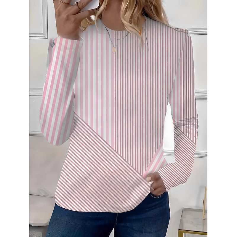 Women's T shirt Long Sleeve Crew Neck Long Sleeve Tunic Graphic Geometric Striped Elegant Vintage Regular Tops Daily Going out Weekend Print Pink Blue Sky Blue Prefall2
