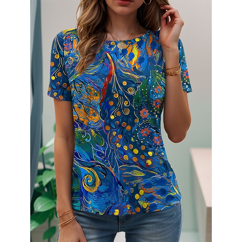 Women's T Shirt Floral Graphic Abstract Vintage Stylish Classic Short Sleeve Crew Neck Regular Tops Daily Weekend Print Yellow Pink Blue Summer Spring