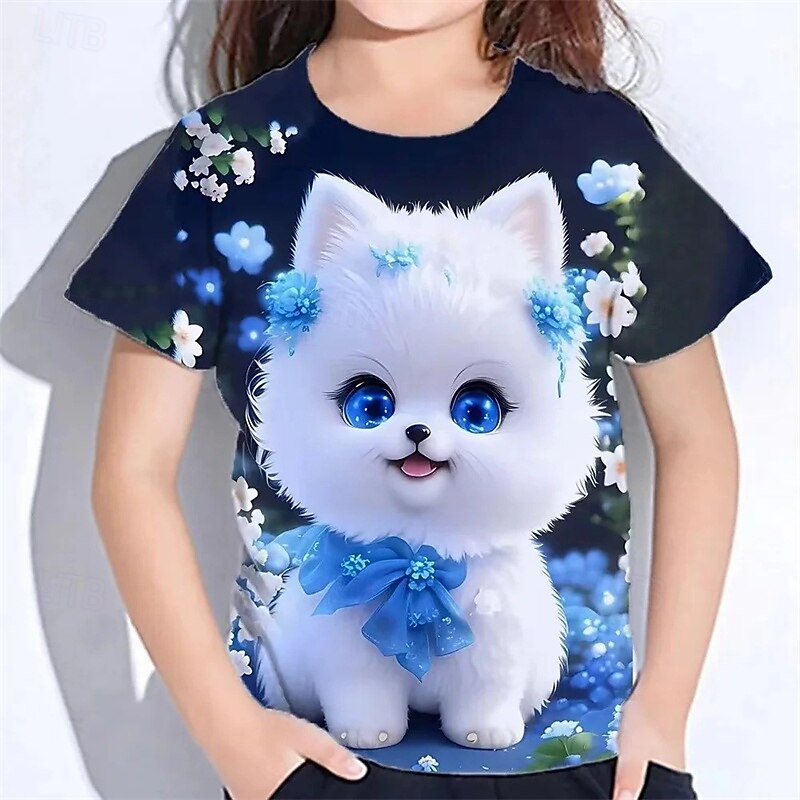 Girls' 3D Cat T shirt Tee Short Sleeve Summer Spring Fashion Basic Kids 4-12 Years Crew Neck Outdoor Casual Daily Regular Fit4
