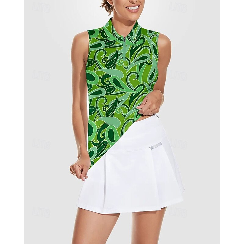 Women's Abstract Art Tennis Shirt Sleeveless Print UPF50+ Quick Dry Tennis Golf Badminton Zip Collar Tee Tshirt Top Green Tennis Clothing4
