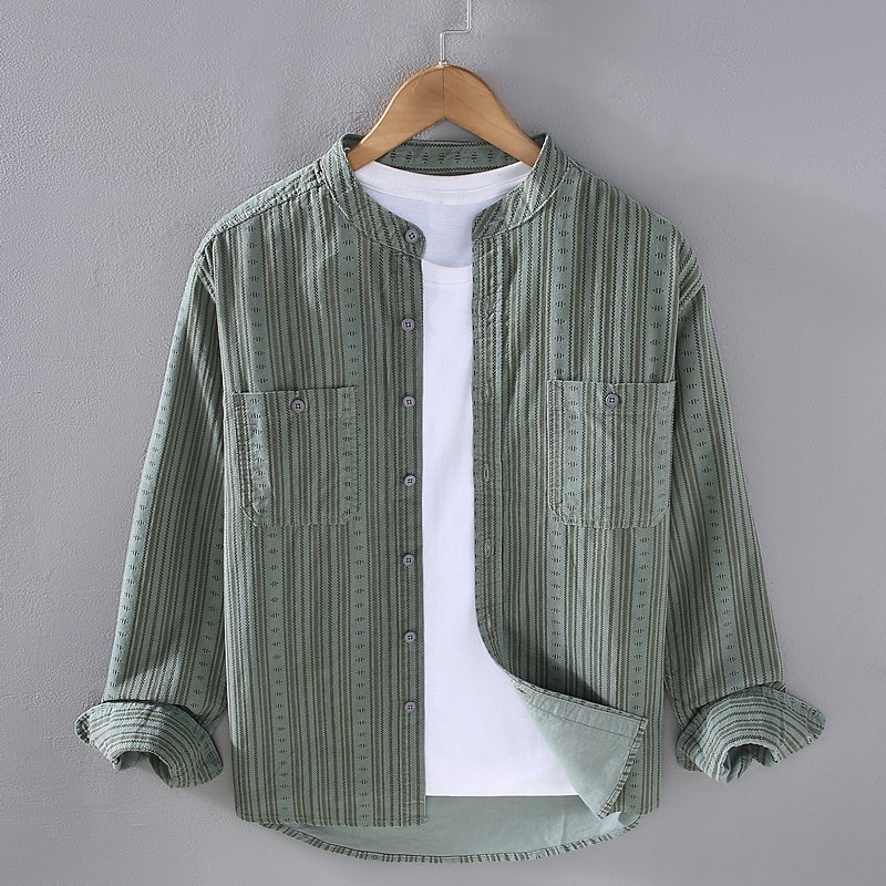 Men's Shirt Summer Shirt Casual Shirt Beach Shirt Button Up Shirt Green khaki Long Sleeve Stripes Grandad Collar Vacation Hawaiian Pocket Clothing Apparel Polyester Fashion Casual Comfortable