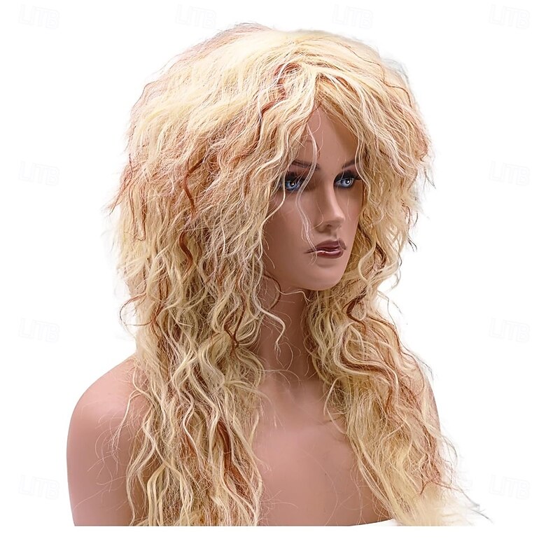 70s 80s Long Curly Wig Rocker Mullet Wigs Blond for Men Women Funny Wigs Punk Rocker Cosplay Synthetic Halloween Disco Party2