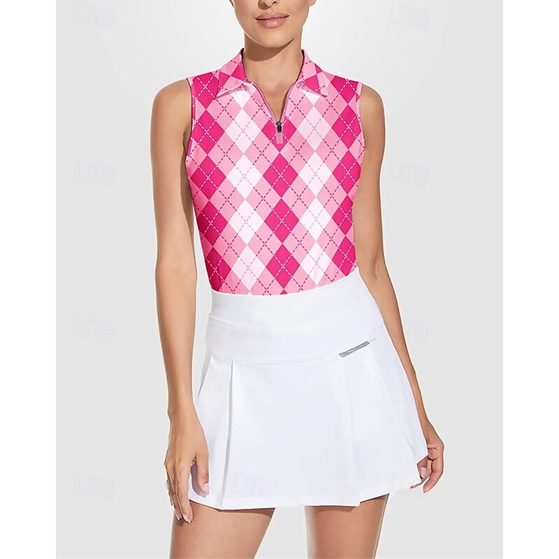 Women's Checkered Tennis Shirt Sleeveless Print UPF50+ Quick Dry Tennis Golf Outdoor Exercise Zip Collar Tee Tshirt Top Pink Tennis Clothing2