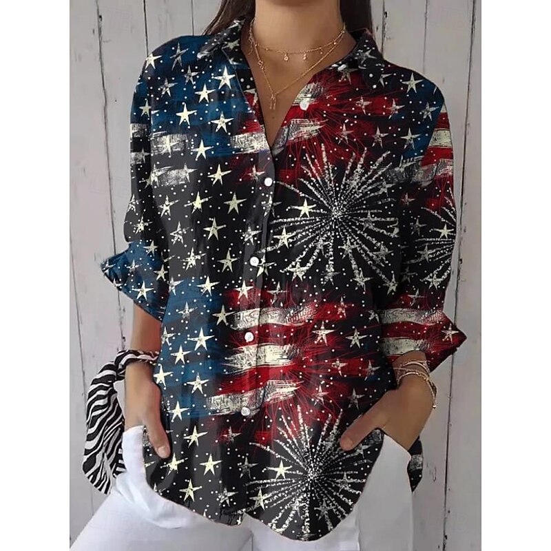 Women's Patriotic Shirt Graphic Flag USA Vintage Daily Stylish Regular Tops Work Daily s Print White Blue Khaki Spring2