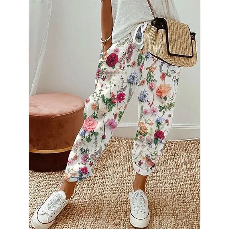 Women's Culottes Wide Leg Elegant Vacation Vintage Full Length High Waist Floral Graphic Printing Soft Breathable Micro-elastic Outdoor Daily Daily Wear rice white Summer Spring Regular Fit