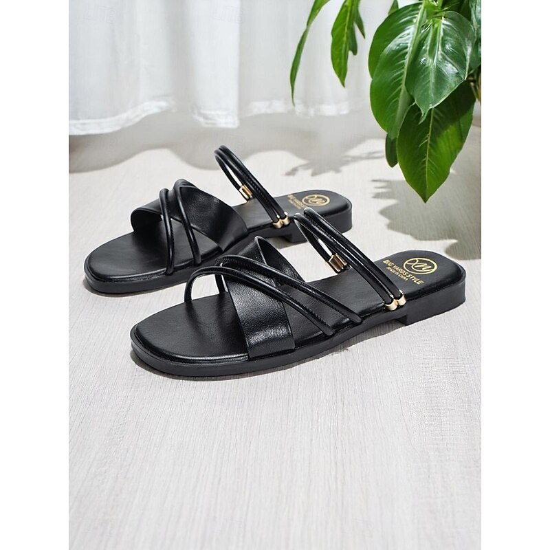 Women's White Strappy Flat Sandals with Crisscross Design - Minimalist Slip-On Summer Shoes for Casual Dates and Everyday Outfits2