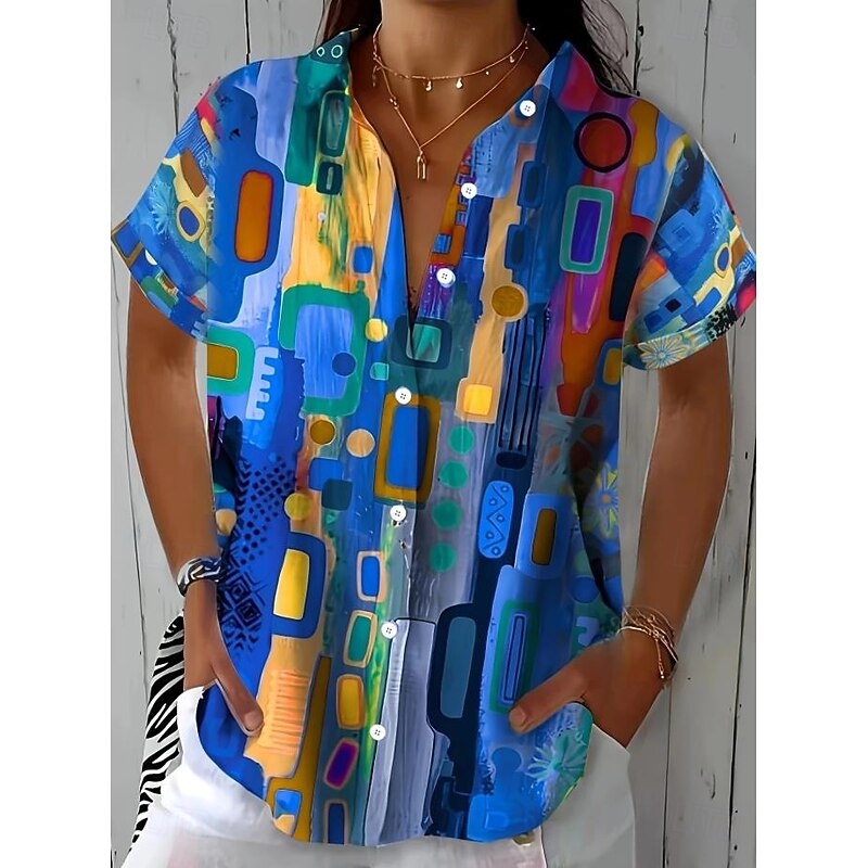 Women's Shirt Long Sleeve Button Down Blouse Graphic Geometric Color Gradient Vintage Tropical Daily Short Sleeve Shirt Collar Regular Tops Daily Pink Blue Green Summer Spring4