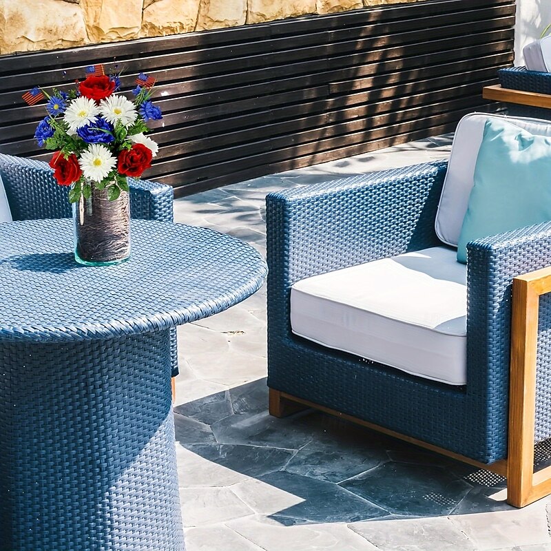 Patriotic Artificial Flowers 4th of July Bouquet Fake Independence Day Red White and Blue Cemetery Flowers with American Flags Roses Daisy for Grave Memorial Day  Veterans Decoration4