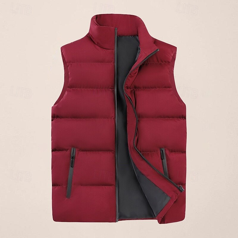 Men's Puffer Vest Daily Casual Fall & Winter Zipper Pocket Polyester Comfortable Plain Zipper Stand Collar Regular Fit Black Burgundy Khaki Dark Blue Vest3